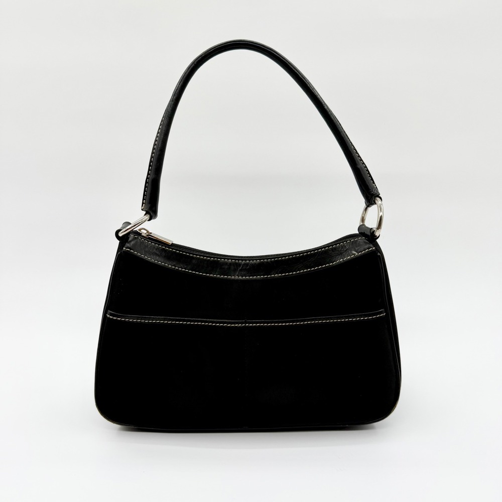 Talbots Black Nylon‎ Leather Trim Baguette Shoulder Bag Silver Tone Hardware
